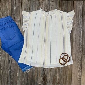 Bohme Boho Flutter Sleeve Top White with Color Stripes Bohemian Festival Small